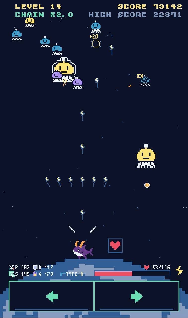 SHOOTING画面。敵の群れとBOSSが登場するゲームプレイ画面